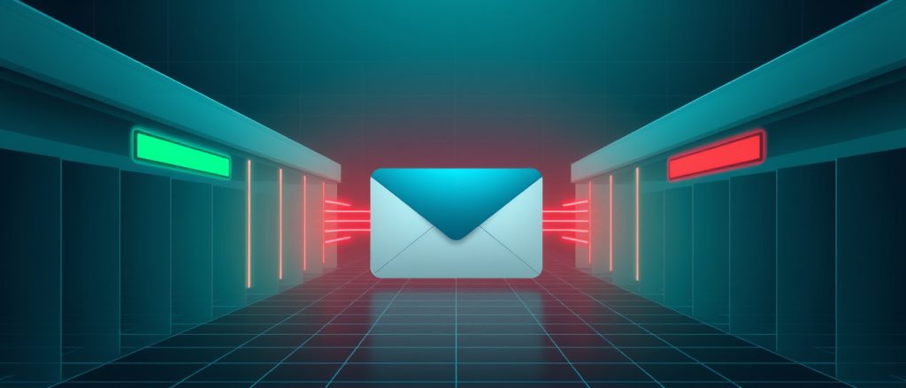 Конверт письма проходит через зелёные и красные фильтры — проверка IP в чёрных списках DNSBL