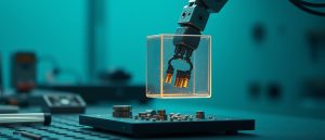 Robotic arm assembling a glowing cube from metal parts — building Masscan on Windows