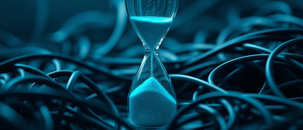 Hourglass with glowing sand among network cables — how long a full Nmap port scan takes