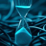 Hourglass with glowing sand among network cables — how long a full Nmap port scan takes