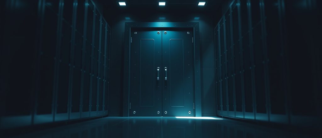 A closed server room door lit by a single beam from outside — checking what the internet can actually reach