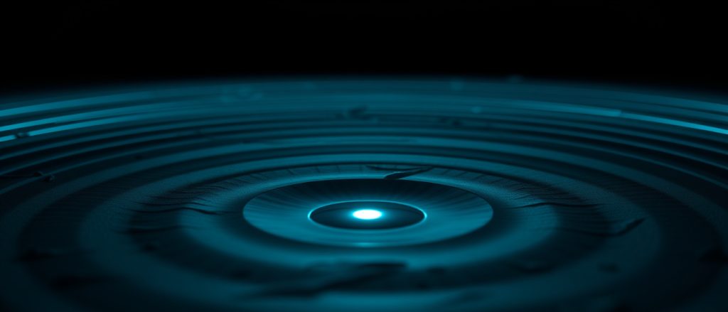 Sonar waves radiating from a single point over dark terrain — active scanning versus a cached search index